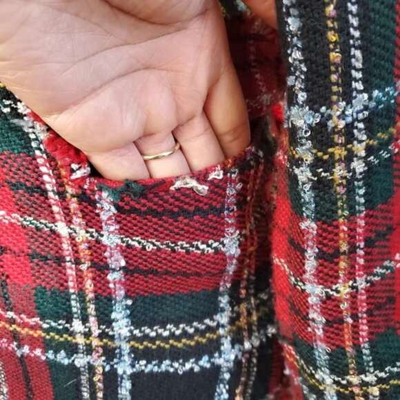 ZARA | Plaid Tweed Red Checkered Frayed Hem Collared Blazer (Size XS) - Picture 6 of 10